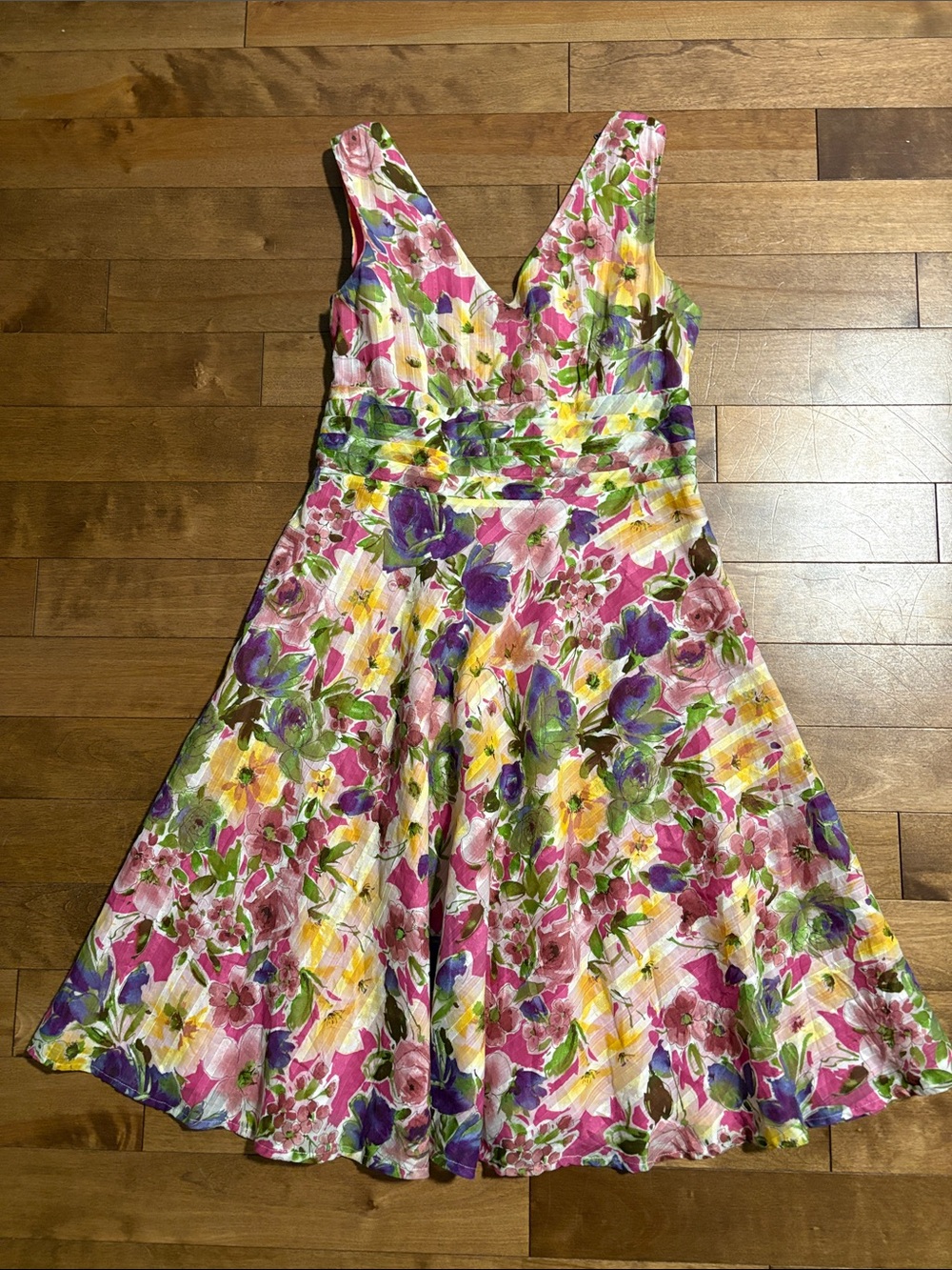 Vintage Cotton Floral V-Neck Fit-and-Flare Dress in Pink, Purple, Yellow & Green